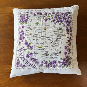 Vintage Wisconsin Handkerchief Pillow Violets Shabby Chic Retro Country Decor